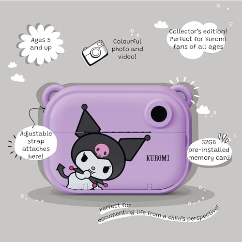 Image of kiimento Sanrio Licensed Instant Print Digital Camera, Best Travel Buddy Kuromi, 2.4 inch HD Screen, Ink-Free B&W Printing, Selfie Lens, 1080p Video, 32GB Memory Card (Model P)