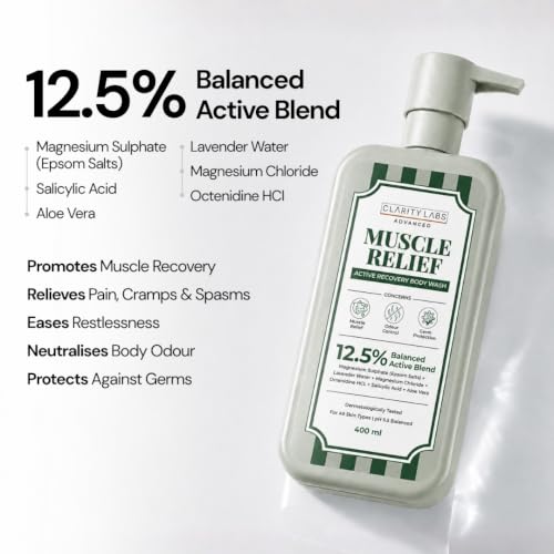 Image of Muscle Relief Epsom Body Wash with 12.5% Active Blend | Epsom Salt, Magnesium Chloride, Lavender & Aloe Vera | Post Workout, Sports Recovery, Body Ache & Sore Muscle Shower Gel for Men, Women, Boys, Girls & Teens | Sulphate Free | 400ml | Clarity Labs
