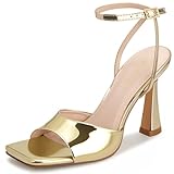 Viciously Vixen Strappy Kitten Heels for Women Square Open Toe Stiletto Mesh Heeled Sandals with Ankle Strap Wedding Party Dress Shoes,Gold,7.5