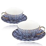 TERESA'S TEASET Porcelain Tea Cup and Saucer Set, 2 Pcs, 6 oz Exotic Moroccan Style Pattern Coffee Cup and Saucer for Cappuccino, Tea and Latte, Coffee Cup Set, Gift for Birthday (Purple)