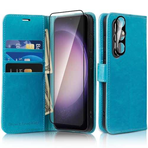 MONASAY Wallet Case Fit for Samsung Galaxy S24 5G, [lens & Glass Screen Protector included] [RFID Blocking] Flip Folio Leather Cell Phone Cover with Credit Card Holder, 6.2 inch, Light blue