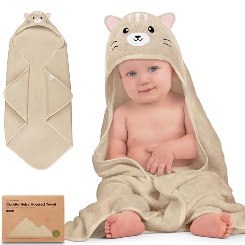 Image of KeaBabies Hooded Baby Towel for Newborn - Viscose Derived from Bamboo Large Baby Bath Towels with Hood for Boys, Girls, Toddler, Extra Absorbent & Soft Newborn Bath Essentials (Cat, Petite)