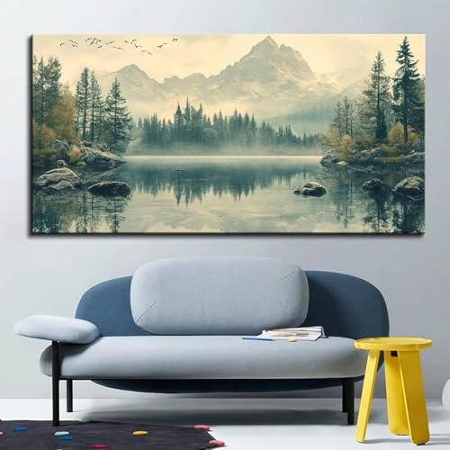 Affiche décorative forêt lac montagne enneigée avec cadre 40x80
