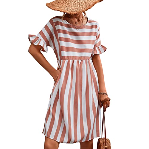 Vestido a Rayas a la Moda, Casual una Línea con Volantes Corto, Manga Estampado a Rayas Vestido Informal a Media Pierna con Volantes Vestidos de Túnica con Mini Volantes Y Mangas(XL-Rosa)