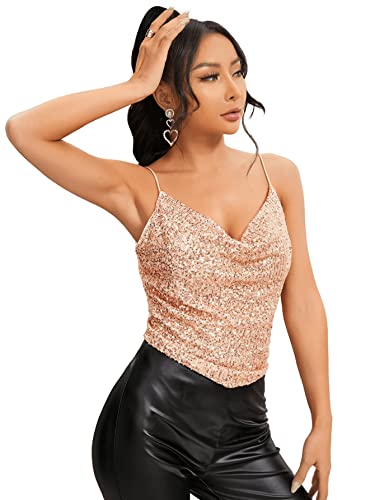 Sweatyrocks Women's Sleeveless Sparkle Sequin Cami Crop Top Spaghetti Strap Party Tops Champagne M #TOP3