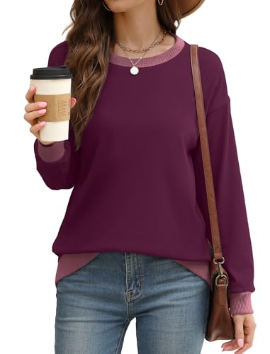 Image of Saloogoe Sweatshirts for Women Crewneck Long Sleeve Loose Fit Tops Color Block Ribbed Trim Fashion 2025
