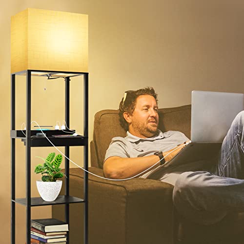 Runtop Plus Charging Station Floor Lamp With Wireless Charger, 2 Usb-C Port, 2 Power Outlet, Floor Lamp With Shelves, 15W Led Bulb, 3 Colors, Memory Function, Standing Lamp For Living Room Bedroom #TOP5