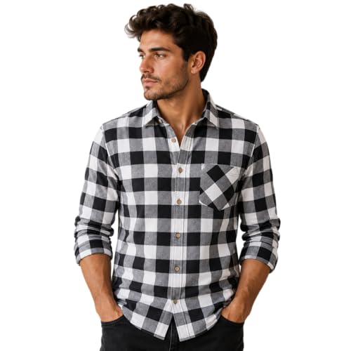 Image of Men's Buffalo Check Flannel Shirt, Black and White Plaid, Long Sleeve, Button-Down with Chest Pocket