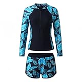 Keyck Traje de Baño Niña 2 Piezas Manga Larga Top con Cremallera y Pantalones Cortos, UV Protección Solar Rash Guard Secado Rápido Bañador Playa Piscina para Niños 11-12 Años, Negro