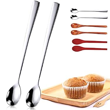 AMAZON - Mixing Spoons, 2 Pcs Long Coffee Spoons, Silicone Spoons for Cooking, Stirring, Mixing, Long Handle Spoons, Stainless Steel Stirring Spoons, Dishwasher Safety