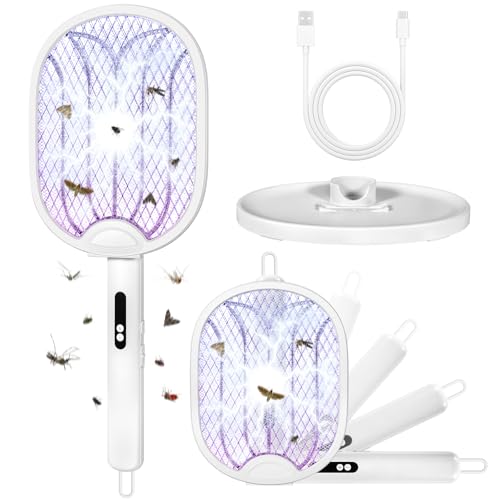 Raquette Electrique Insectes Raquette Anti Moustiques Pliable 4000V 1800mAh Tapette Électrique Puissante Rechargeable avec Câble Chargement USB-C Contre...