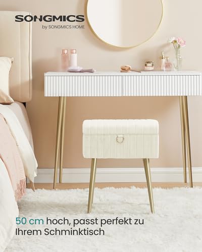 SONGMICS Schminktisch-Stuhl, Hocker mit Stauraum, Schminkhocker, Fußhocker, Metallbeine, gepolstert, verstellbare Füße, Wohnzimmer, Schlafzimmer, Ankleidezimmer, cremeweiß LOM505WZ02
