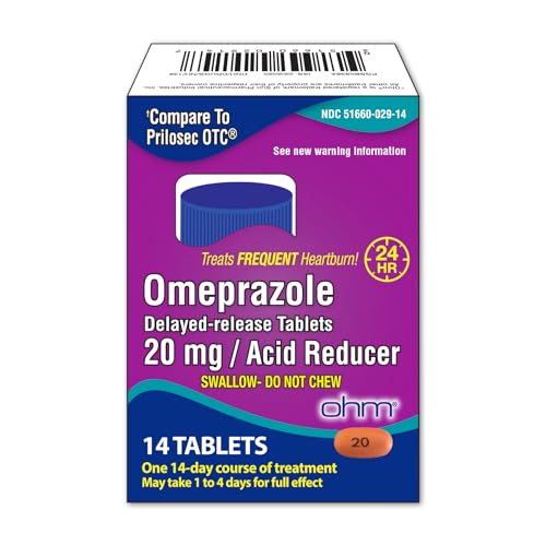 Ohm Omeprazole 20mg, 14 Delayed-Release Tablets (2 Weeks Supply) Acid Reducer for Frequent Heartburn, 24-Hour Relief, Heartburn Medicine to Help Relieve Stomach & Chest Discomfort