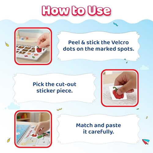 Image of Pick & Stick Velcro Learning Activity Book For Kids | Busy Book Level 2 For 3+ Years Old Toddlers | Montessori DIYs, Skill Builder, Numbers, Alphabets, Animals, 5 Senses, Travel Vehicles, Kids Gifts