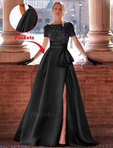 Yinyyinhs Short Sleeve Sequin Prom Dresses For Women 2026 Satin Formal Dress With Pockets Sparkly A-Line Evening Wedding Guest Dress Brown Us6 #TOP29