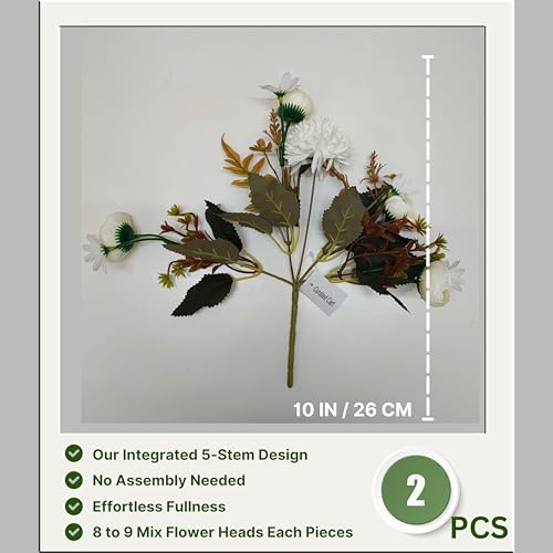 Image of CURATED CART Artificial Flowers Bunch - Set of 2 with 9 Mixed Flower Heads Each - Roses, Daisies & Chrysanthemums - Faux Flowers for Vases, Home Decor, Office, Parties (White) (No Vase)