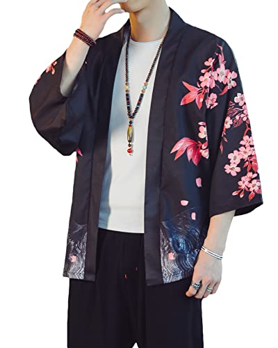 PRIJOUHE Men's Lightweight Kimono Jacket Seven Sleeve Open Front Cardigan Coat Japanese Style Bathrobe3