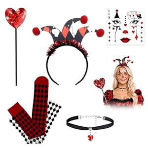 Saisver Herzkönigin Kostüm Damen Set – Königin Kostüm Zubehör mit Strümpfen, Haarreif, Halsband, Zauberstab & Gesichtstattoo für Karneval Kostüm Damen,Cosplay