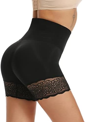 Vaslanda Women Lace Slip Shorts for Under Dress High Waist Belly Control Anti-Chafing Undershorts Safety Underwear Panty Black L