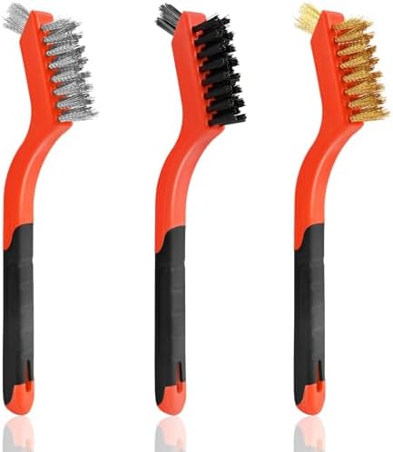 3pcs Wire Brushes for Cleaning Rust, Upgrade Wire Brush Set - Brass/Stainless Steel/Nylon Bristles, Small Metal Wire Brush with Curved Handle Grip, Wire Brushes for Paint and Stain, 7 Inches (3pcs)
