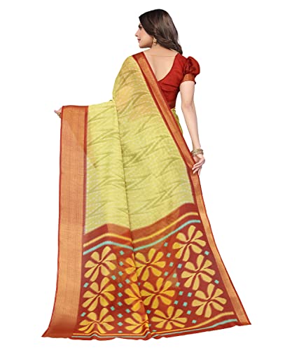 Image of Yashika Women's Printed Linen Jari Border Saree With Blouse Free Size (Dino Light Green)