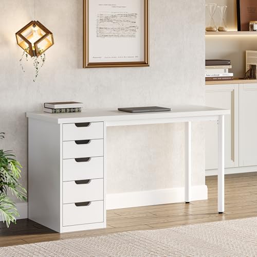LITTLE TREE Computer Desk with 5 Drawers, 47 Inch White Modern Simple Study Writing Desk with Metal Frame, Work Desk for Home Office - Thumbnail 3