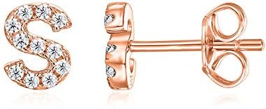 PAVOI 14K Rose Gold Plated 925 Sterling Silver CZ Alphabet Letter Earrings | Initial Earrings for Women | Letter S