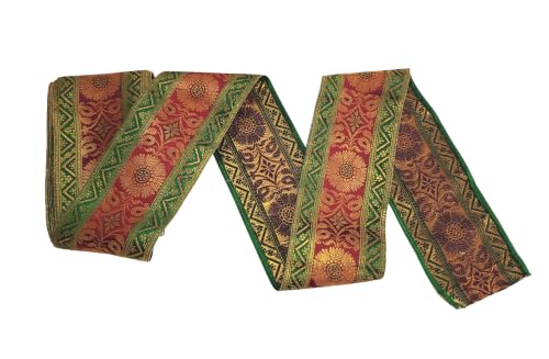 Image of Brocade Ethnic Work 9 Meter Laces and Borders Material for Dresses, Sarees, Lehenga, Suits, Blouses, Dupatta, chunri and Crafts (Green x Maroon Copper)