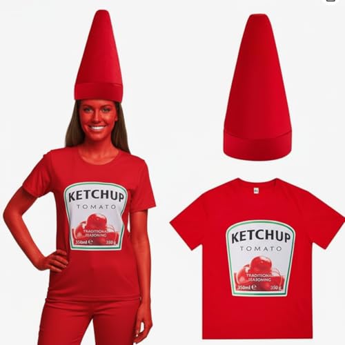 Toulite Halloween Yellow Mustard Red Ketchup Costume Matching Group T-shirt and Hat Halloween Couple Costume(X-Large Ketchup 1 Set)
