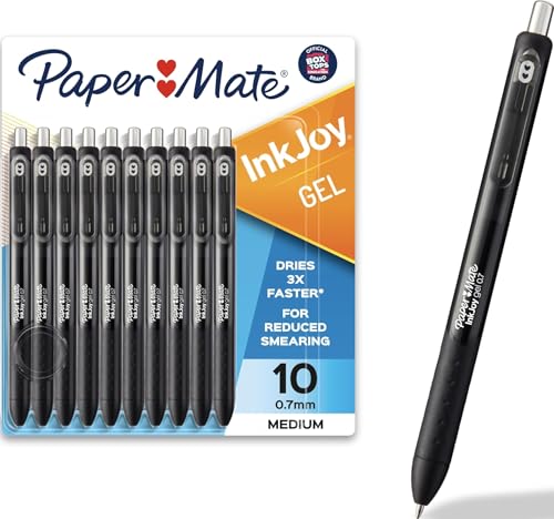 Image of Paper Mate InkJoy Gel Pens, Black, Medium Point (0.7mm), Comfort Grip, 10 Count - Fast Drying Ink, Smooth Writing, Office Supplies