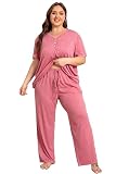 Vozanet Women's Plus Size Pajama Sets V Neck Pants Sets Solid Color Button Sleepwear Soft Loungewear Nighty with Pockets, Lotus, 5X-Large