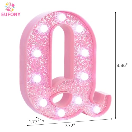 Image of Pink Marquee Light Up Letters, Glitter Alphabet LED Letter Lights for Pink Birthday Party Decorations, Battery Operated Letter Sign for Girls Room Vanity Table Decor, Cool White Lights Letter Q
