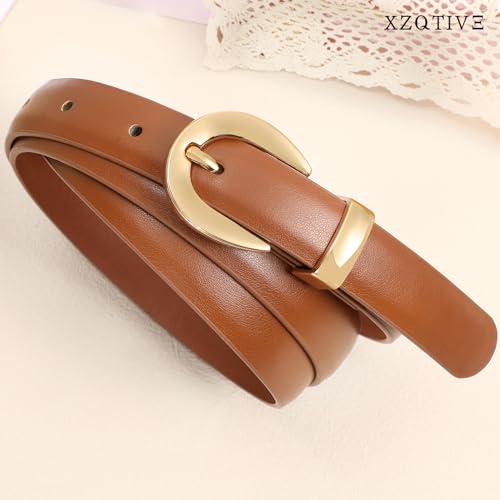 XZQTIVE Women Skinny Leather Belts for Jeans Dress Pants Fashion Ladies Thin Black Waist Belt with Gold Buckle3