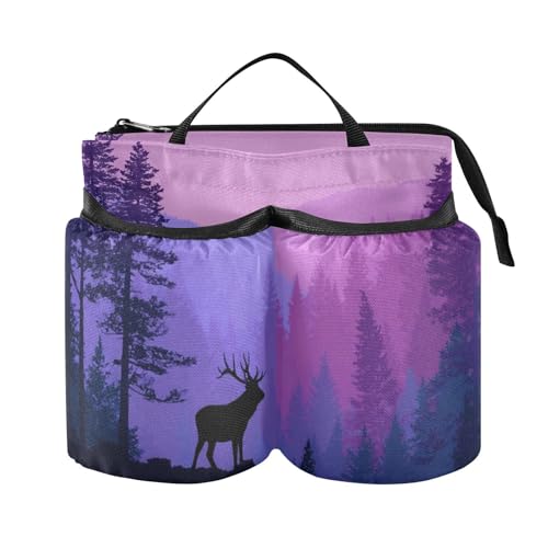 Image of Luggage Cup Holder for Suitcases Free Hands Suitcase Cup Holder Travel Luggage Drink Holder Portable Luggage Cup Caddy Bag Carrier with Handle Purple Stag Forest Trees