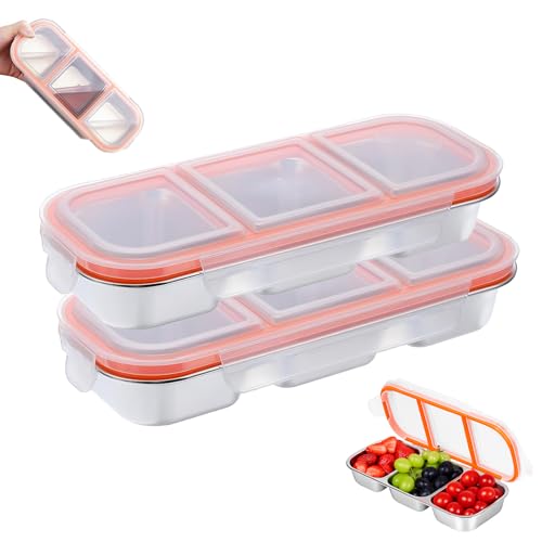 Image of Reusable Stainless Steel Snack Containers with Lids - 10.3 inch x 4 inch 3 Compartment Snackle Box, Leak-Proof Metal Snack Containers for Kids & Adults, Divided Food Storage Box (3 Compartment 2 Pack)