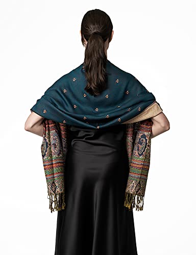 Achillea Reversible Bohemian Paisley Pashmina Ethnic Tribal Border Shawl Wrap Scarf (Teal) #TOP4