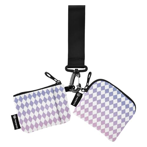 Blu-viola sfumato scacchiera da doppio portafoglio porta biglietti da visita sottile portatile da polso portachiavi con tasca con cerniera per signora 2 confezioni Scacchiera donna