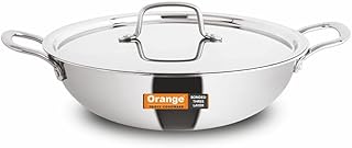 Orange Triply Jumbo Stainless Steel Deep Kadai with Steel Lid (S.S. Lid) 6.5 LTR, 32cm Diameter Induction Friendly Heavy Bottom with Cool Touch Handle 2.5mm Thickness 5Year Warranty