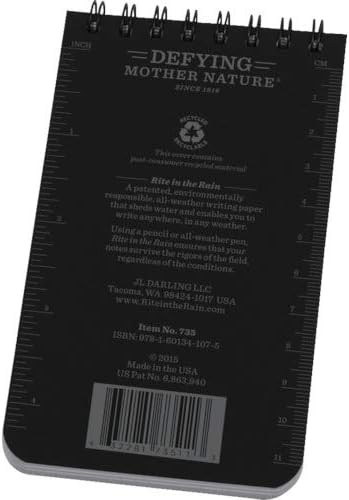 Rite in the Rain Waterproof Paper Universal Pocket Top Wire Bound Spiral Notebook Black 100 Pages 50 Sheets Imperial & Metric Ruler 3 x 5 Inch