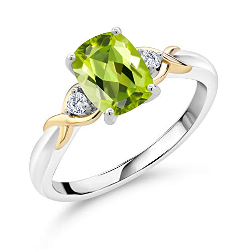 Gem Stone King 925 Sterling Silver and 10K Yellow Gold Green Peridot and White Lab Grown Diamond Ring For Women (1.53 Cttw, Gemstone Birthstone, Available In Size 5, 6, 7, 8, 9)