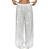 Pantalones brillantes para mujer, con lentejuelas metálicas, holgados, pierna ancha, pantalones brillantes, traje de Nochevieja, elegante, Palazzo, pantalones de ocio, holgados, elásticos, cintura