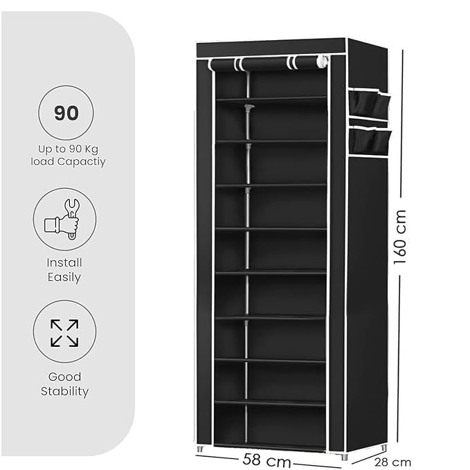 Image of Bagnizer Collapsible Wardrobe Printed Cover 6 Shelves Storage Clothes Storage Rack -Great Kitchen Storage QuickWardrobe Organizer Storage Rack Foldable Collapsible (Black)