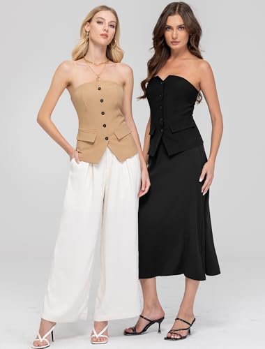 Women's Summer Strapless Vest Tops Notched Neck Tube Tops Button Fitted Sleeveless Work Business Blazer Vest4