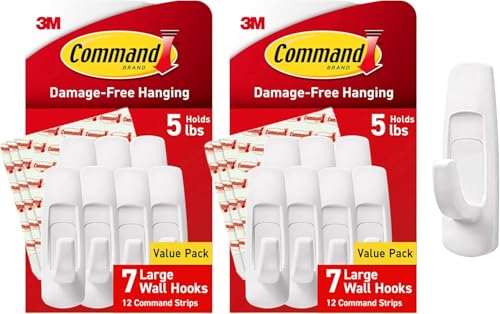 Image of Command 5 lb Large Utility Hooks,7 Hooks and 12 Strips,Damage-Free Hanging Wall Hook with Adhesive Strips,No Tools Required,Great for Home Kitchen Office Organization,(Pack of 2)