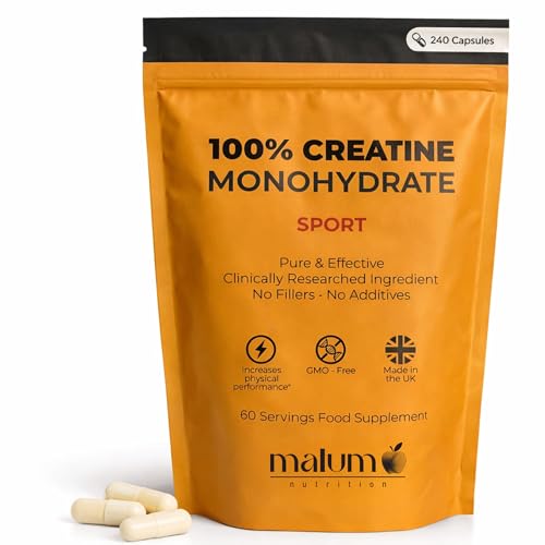 Malum Creatine Monohydrate Capsules 3000mg | (2 Month Supply) 240 High Strength Vegan Capsules | Supports Muscle Strength, Performance & Recovery | Gym & Workout Supplement for Men & Women