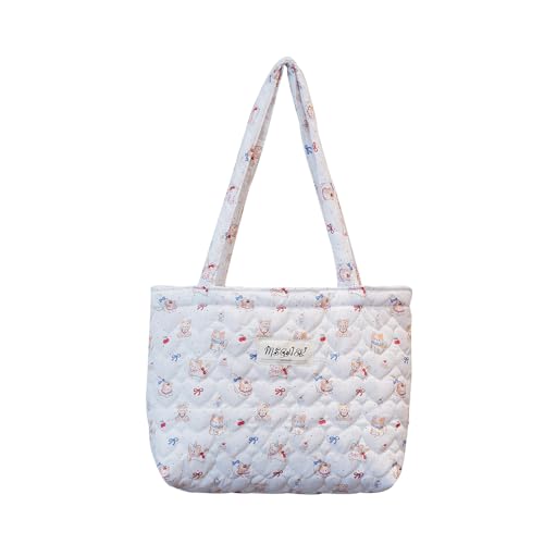 Image of Floral Quilted Cotton Shoulder Bag for Women Daily Use Medium Size Handbag Large Capacity Thickened Design Tote