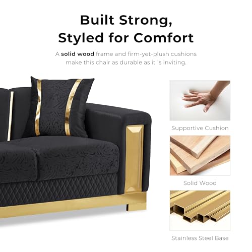 Image of Furniture of America Samison II Glam Solid Wood Upholstered Couch with Accent Pillows, Damask Pattern and Gold Base, Comfortable Sofa for Living Room, Bedroom, Office, Black