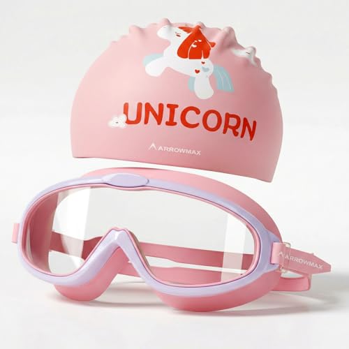 Image of ArrowMax Swimming Goggles For Kids - Anti-Fog UV Protection Lenses |Swim Cap Printed Easy to Adjust |No Leaking-Premium Silicone Comfortable Fabric (PINK)