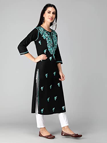 Image of Seva Chikan Hand Embroidered Lucknowi Chikankari Regular Straight Cotton Kurta Kurti for Women SCL4243