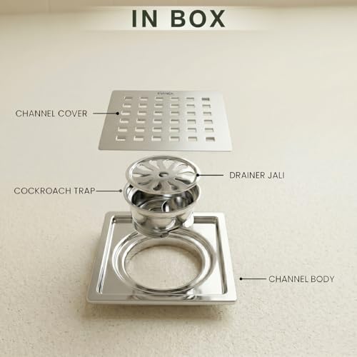 Image of EVANEX Square Bathroom Drainer | Shower Drainer Channel | 5x5 Inches Floor Drain | 304 Stainless Steel Waste Water Floor Drain with Cockroach Trap | Bathroom Jali | Bathroom Accessories Set
